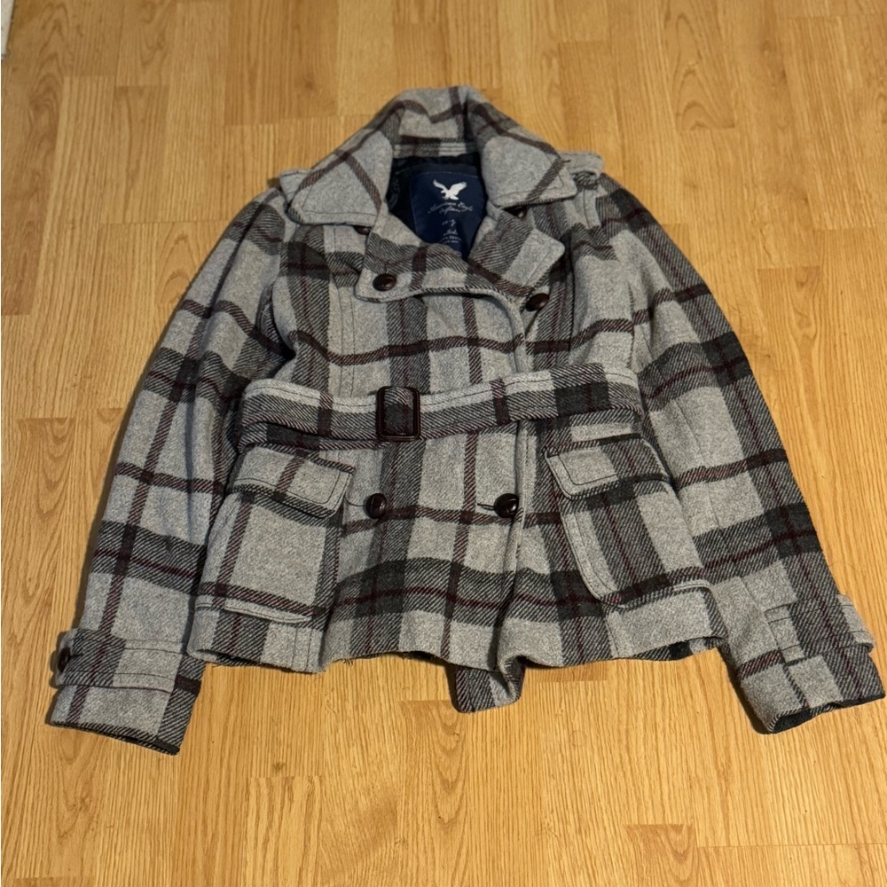 American Eagle Outfitters Blue and Gray Plaid Coat
